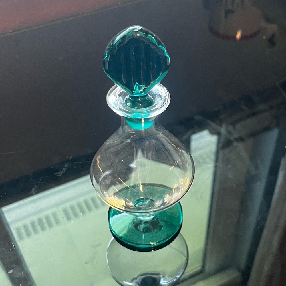 Green And Clear Glass Perfume Bottle Hand Blown 6”